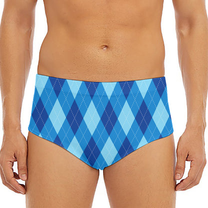 Blue Argyle Pattern Print Men's Triangle Swim Briefs