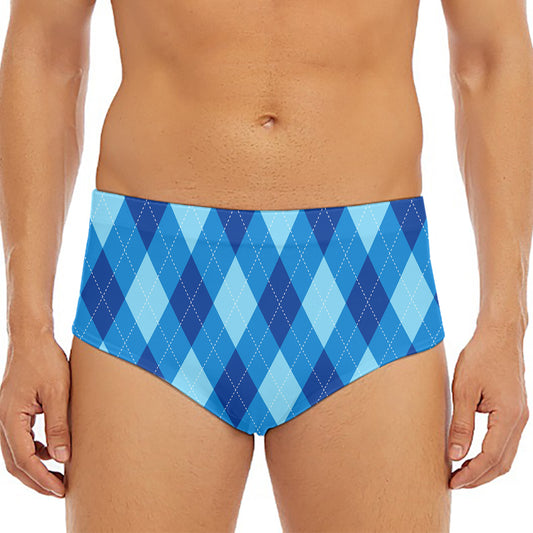 Blue Argyle Pattern Print Men's Triangle Swim Briefs