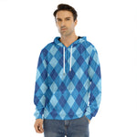Blue Argyle Pattern Print Men's Velvet Pullover Hoodie