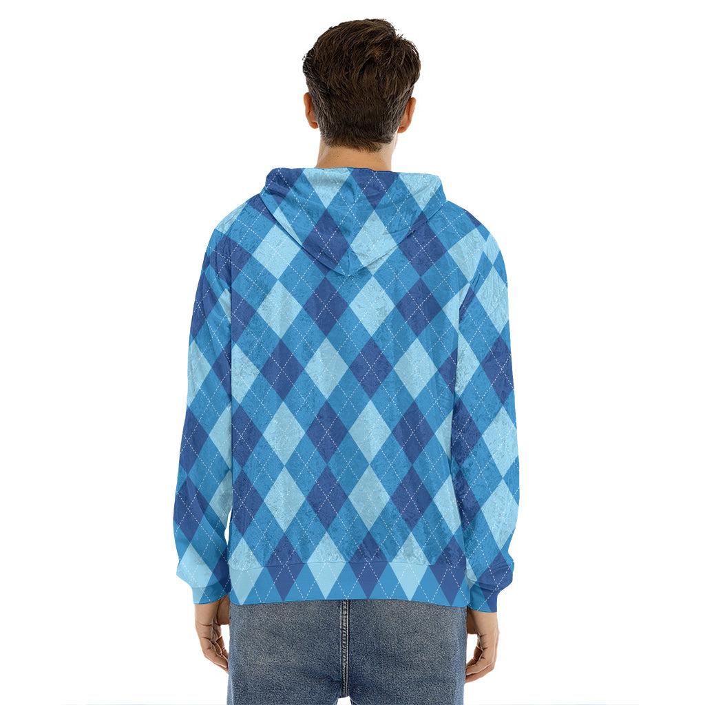 Blue Argyle Pattern Print Men's Velvet Pullover Hoodie