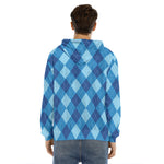 Blue Argyle Pattern Print Men's Velvet Pullover Hoodie