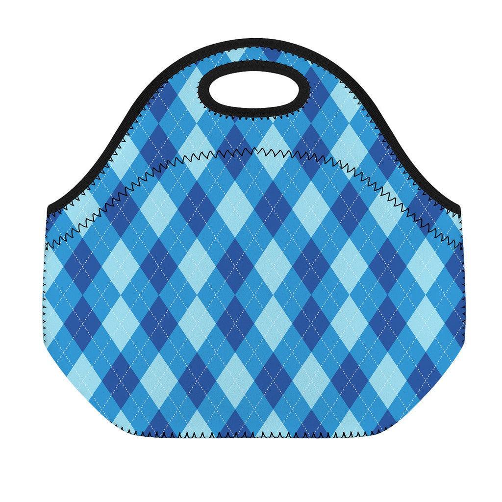 Blue Argyle Pattern Print Neoprene Lunch Bag