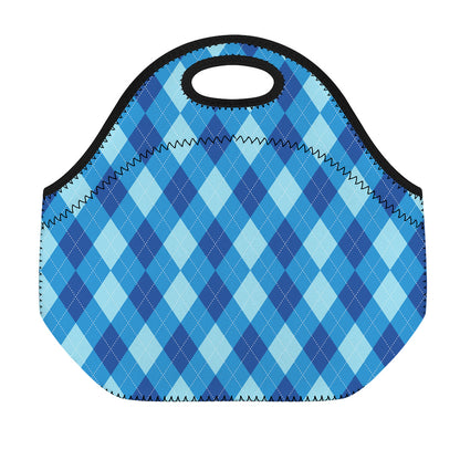 Blue Argyle Pattern Print Neoprene Lunch Bag