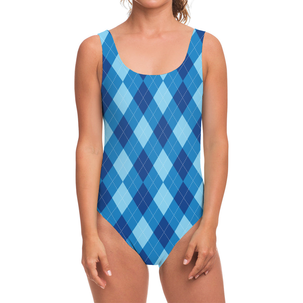 Blue Argyle Pattern Print One Piece Swimsuit