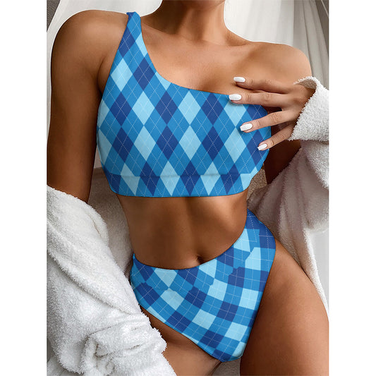 Blue Argyle Pattern Print One Shoulder Bikini Top