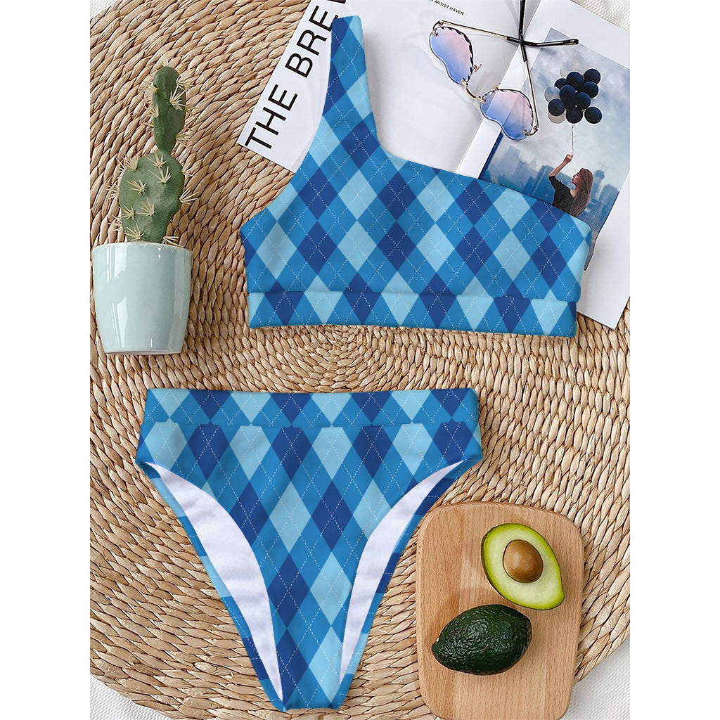Blue Argyle Pattern Print One Shoulder Bikini Top