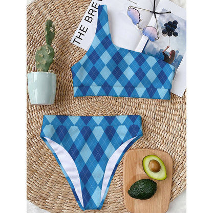Blue Argyle Pattern Print One Shoulder Bikini Top