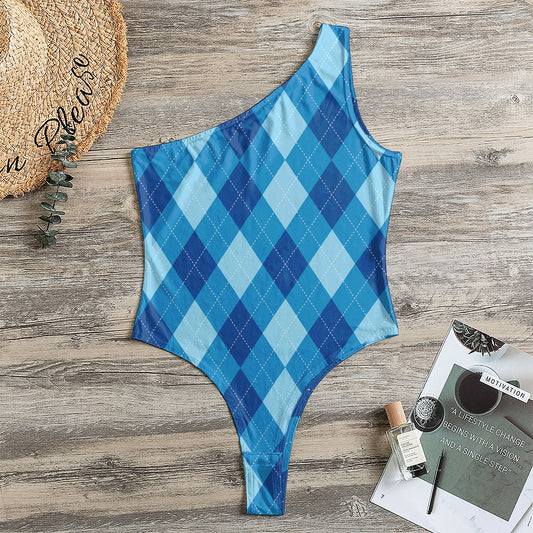Blue Argyle Pattern Print One Shoulder Bodysuit