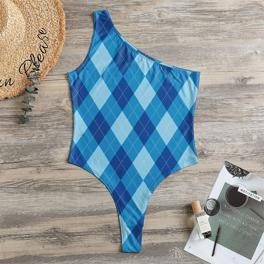 Blue Argyle Pattern Print One Shoulder Bodysuit