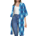 Blue Argyle Pattern Print Open Front Beach Cover Up