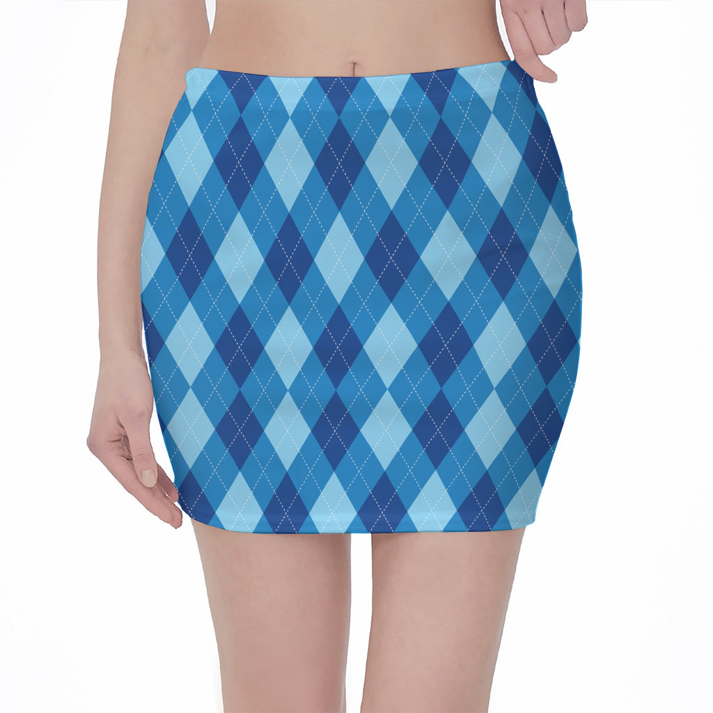 Blue Argyle Pattern Print Pencil Mini Skirt