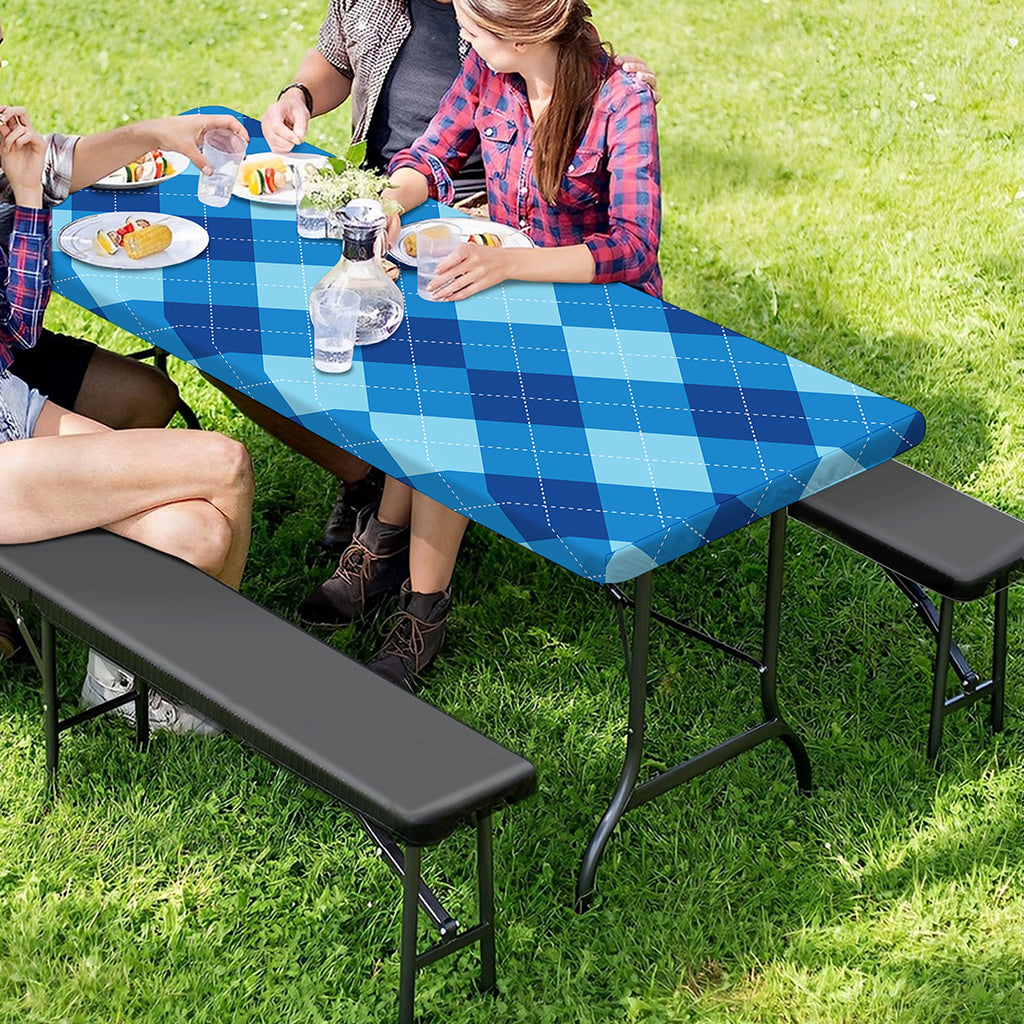 Blue Argyle Pattern Print Picnic Table Cover