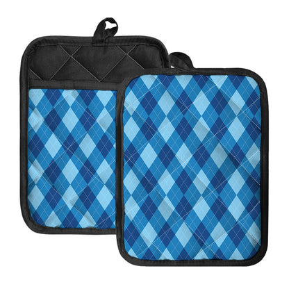 Blue Argyle Pattern Print Pot Holders With Pocket