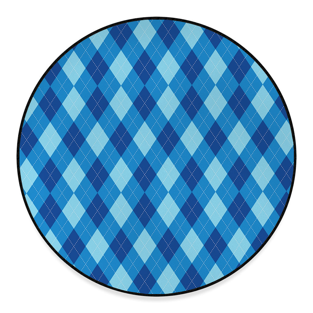 Blue Argyle Pattern Print Round Floor Mat