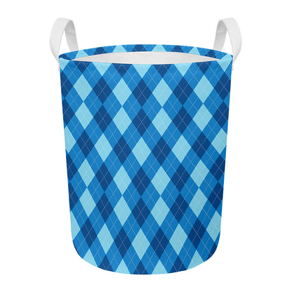 Blue Argyle Pattern Print Round Laundry Basket