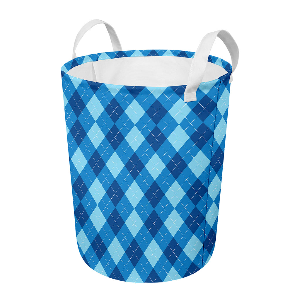 Blue Argyle Pattern Print Round Laundry Basket