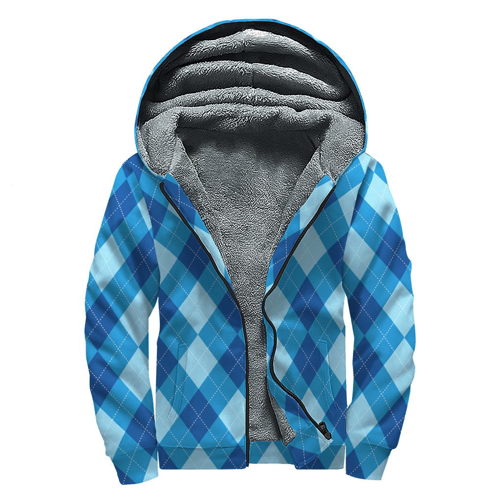 Blue Argyle Pattern Print Sherpa Lined Zip Up Hoodie