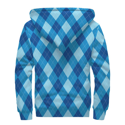 Blue Argyle Pattern Print Sherpa Lined Zip Up Hoodie