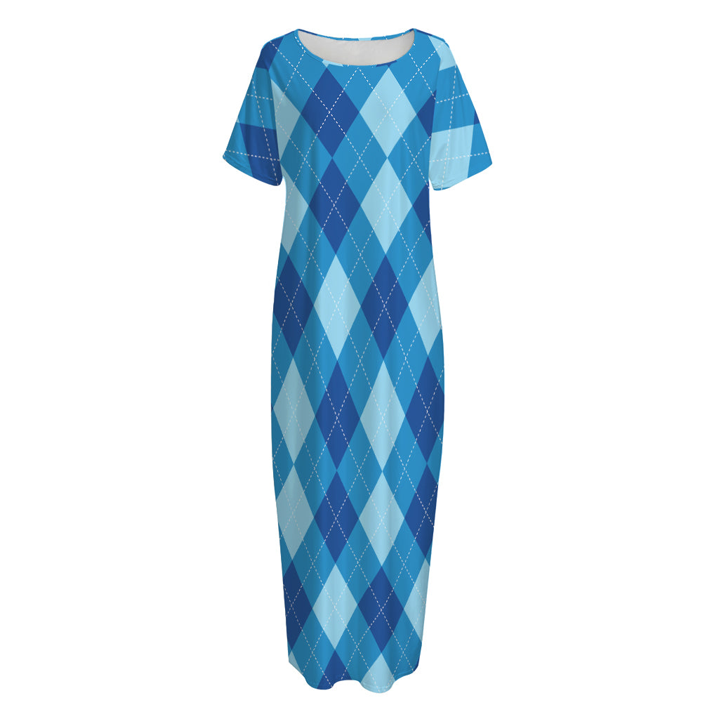 Blue Argyle Pattern Print Short Sleeve Long Nightdress