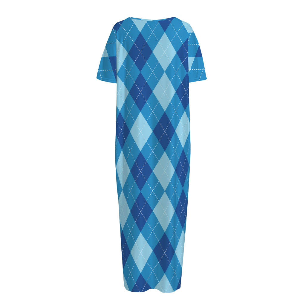 Blue Argyle Pattern Print Short Sleeve Long Nightdress