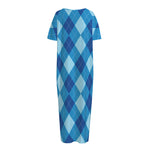 Blue Argyle Pattern Print Short Sleeve Long Nightdress