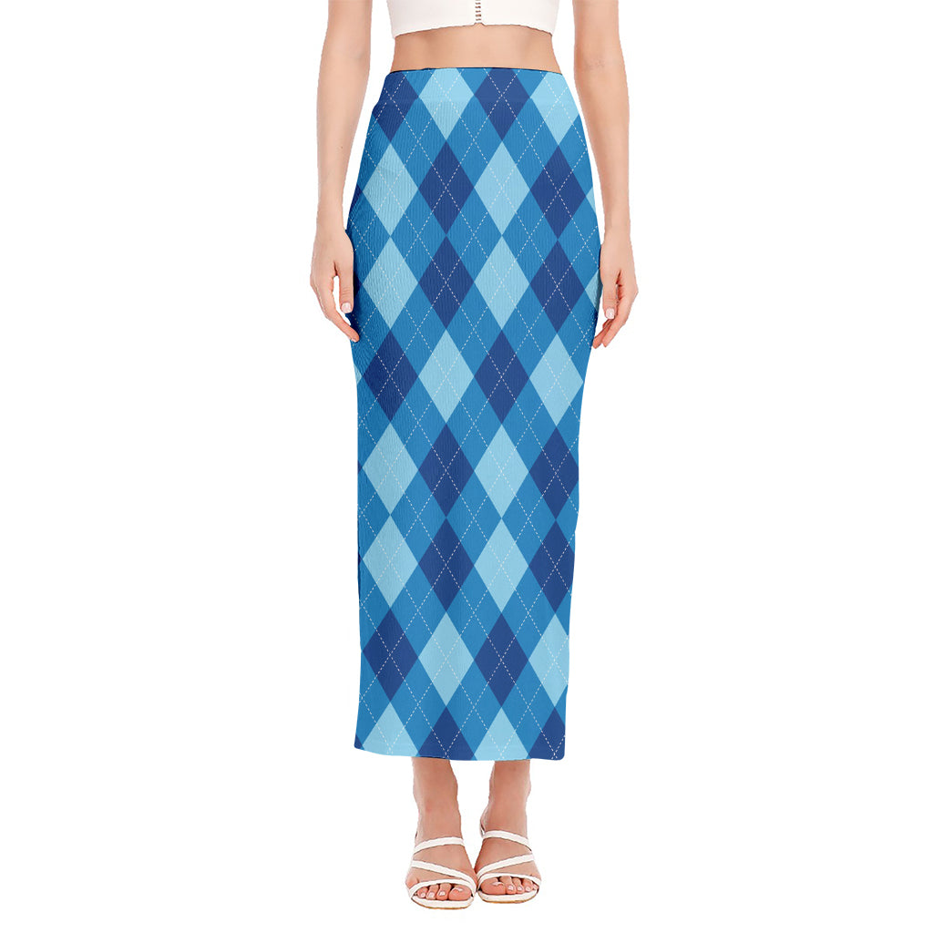 Blue Argyle Pattern Print Side Slit Maxi Skirt