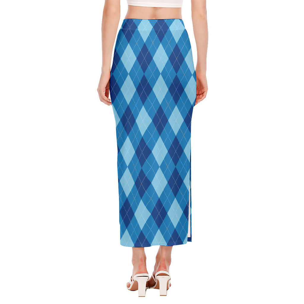 Blue Argyle Pattern Print Side Slit Maxi Skirt