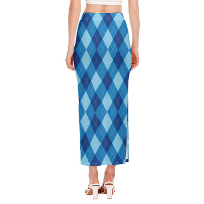 Blue Argyle Pattern Print Side Slit Maxi Skirt