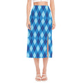 Blue Argyle Pattern Print Side Slit Midi Skirt