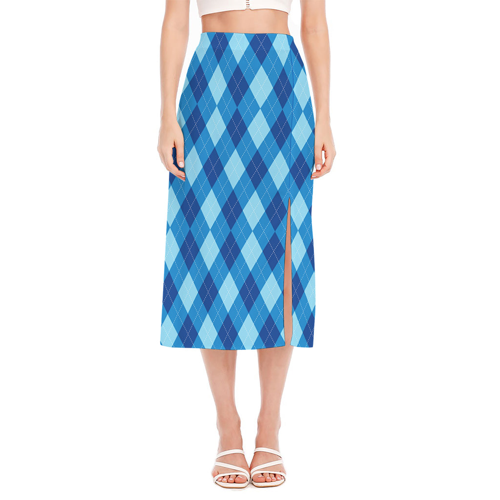 Blue Argyle Pattern Print Side Slit Midi Skirt