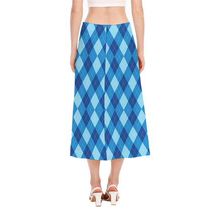 Blue Argyle Pattern Print Side Slit Midi Skirt