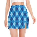 Blue Argyle Pattern Print Side Slit Mini Skirt