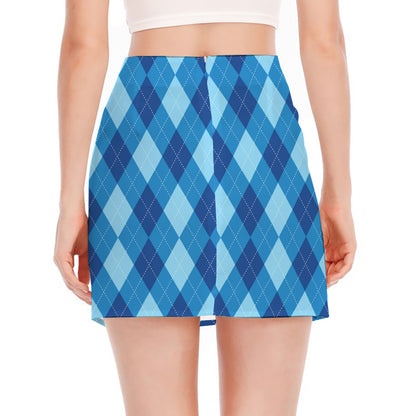 Blue Argyle Pattern Print Side Slit Mini Skirt