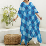 Blue Argyle Pattern Print Silk V-Neck Kaftan Dress