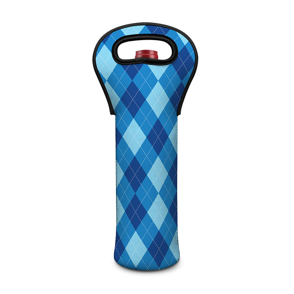 Blue Argyle Pattern Print Single Neoprene Wine Tote