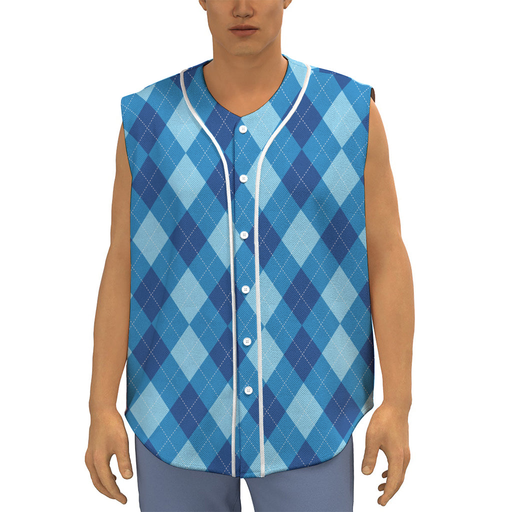 Blue Argyle Pattern Print Sleeveless Baseball Jersey