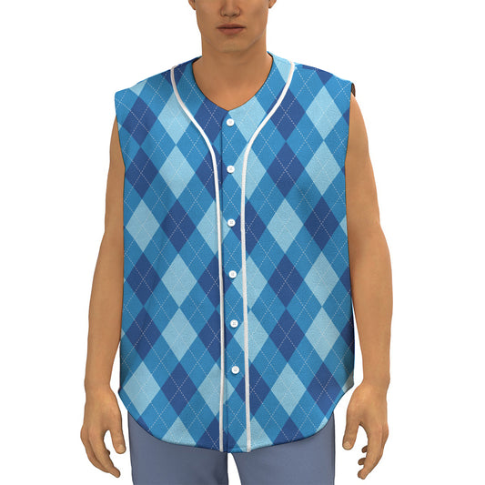 Blue Argyle Pattern Print Sleeveless Baseball Jersey