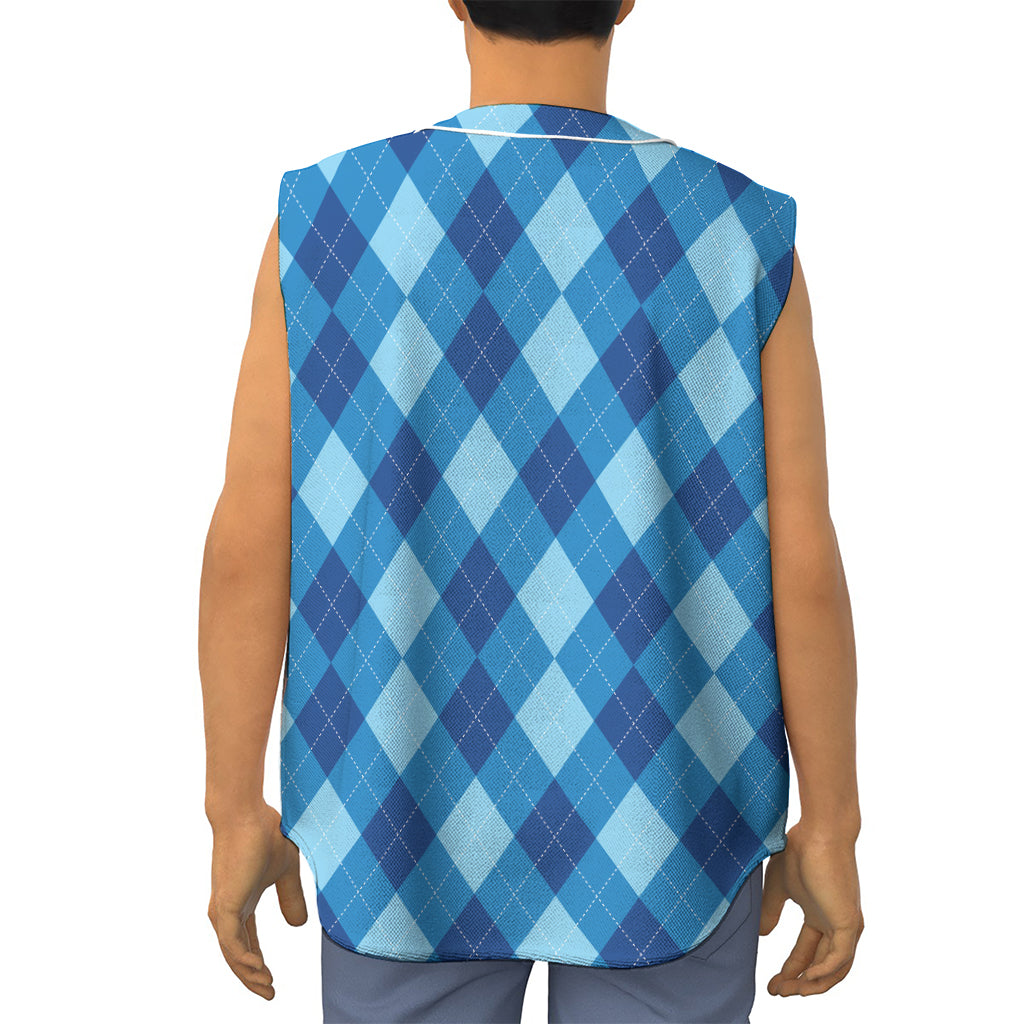 Blue Argyle Pattern Print Sleeveless Baseball Jersey