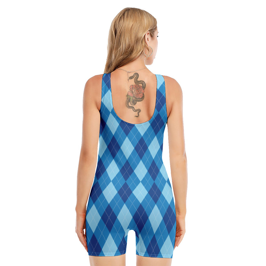 Blue Argyle Pattern Print Sleeveless One Piece Swimsuit