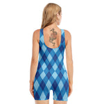 Blue Argyle Pattern Print Sleeveless One Piece Swimsuit