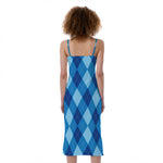 Blue Argyle Pattern Print Slim Fit Midi Cami Dress