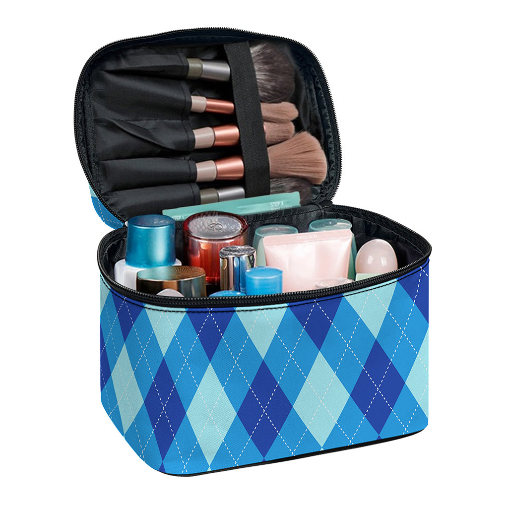 Blue Argyle Pattern Print Travel Makeup Bag