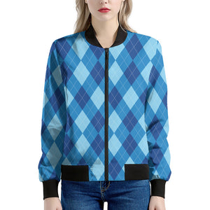 Blue Argyle Pattern Print Women's Bomber Jacket