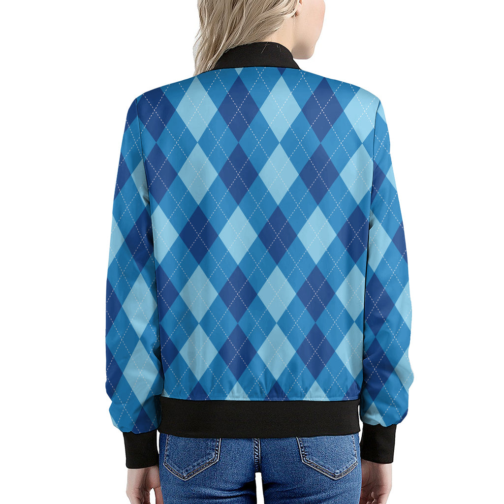 Blue Argyle Pattern Print Women's Bomber Jacket