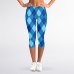 Blue Argyle Pattern Print Women's Capri Leggings