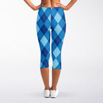 Blue Argyle Pattern Print Women's Capri Leggings