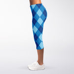 Blue Argyle Pattern Print Women's Capri Leggings