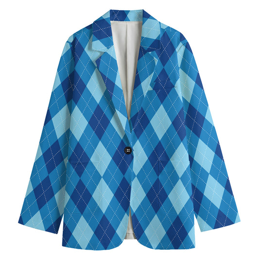 Blue Argyle Pattern Print Women's Cotton Blazer