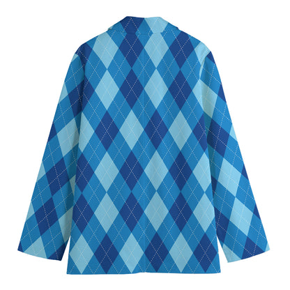 Blue Argyle Pattern Print Women's Cotton Blazer