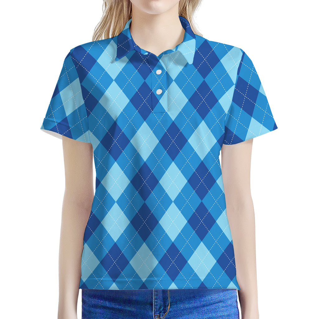 Blue Argyle Pattern Print Women's Polo Shirt